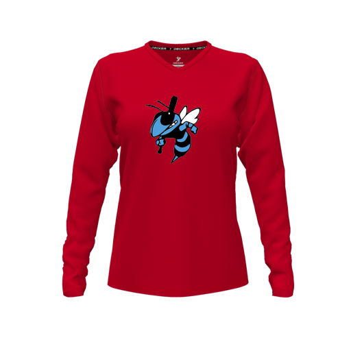 [CUS-DFW-TEES-CMF-VNK-LSL-RED-FYXS-LOGO1] Decker Comfort T-Shirt (Female Youth XS, Red, V Neck, Logo 1, Long Sleeve)