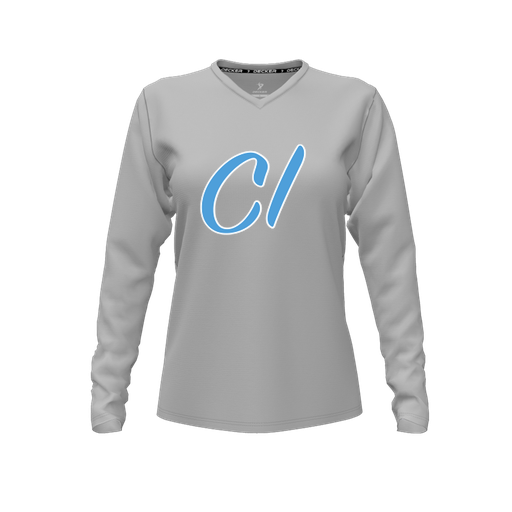 [CUS-DFW-TEES-PER-VNK-LSL-GRY-FYXS-LOGO3] Decker Performance T-Shirt (Female Youth XS, Gray, V Neck, Logo 3, Long Sleeve)